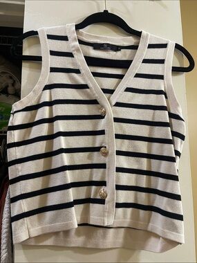 Cream & Black Striped Sleeveless Button Cardigan Vest